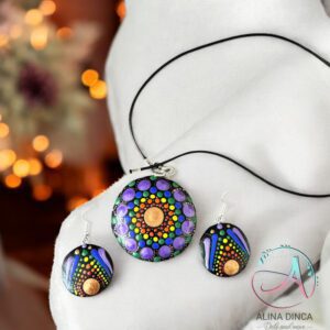 Set cadou pandantiv si cercei, cadou pictat manual, Cadou Crăciun, set cadou